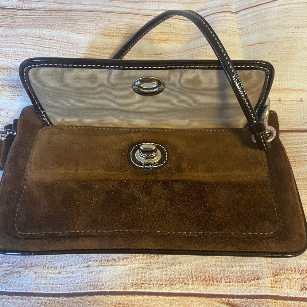 Brown suede coach wristlet wallet